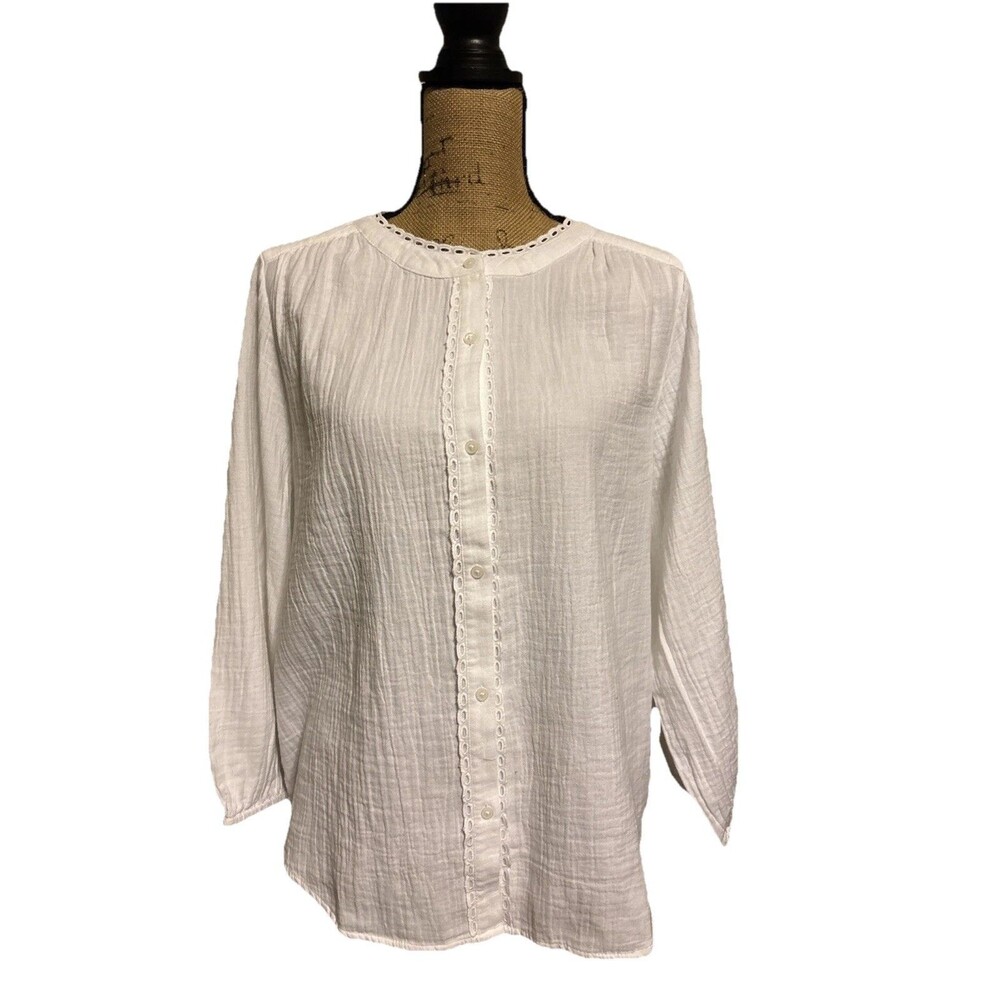 Lucky Jeans Women’s Medium White Cotton Gauze Top  Eyelet Trim Boho Cottage